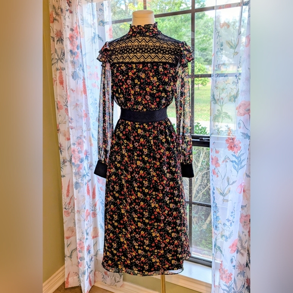 Modcloth X Anna Sui Womens Floral Lace Midi Dress Size 8 Chiffon Lace Lined - Picture 3 of 10